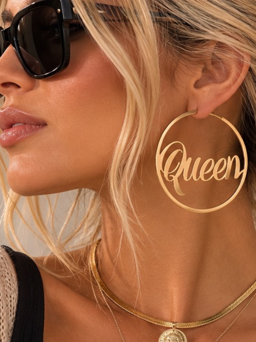 Gold Queen Statement Hoop Earrings 2.5” Oversized Script Hoops